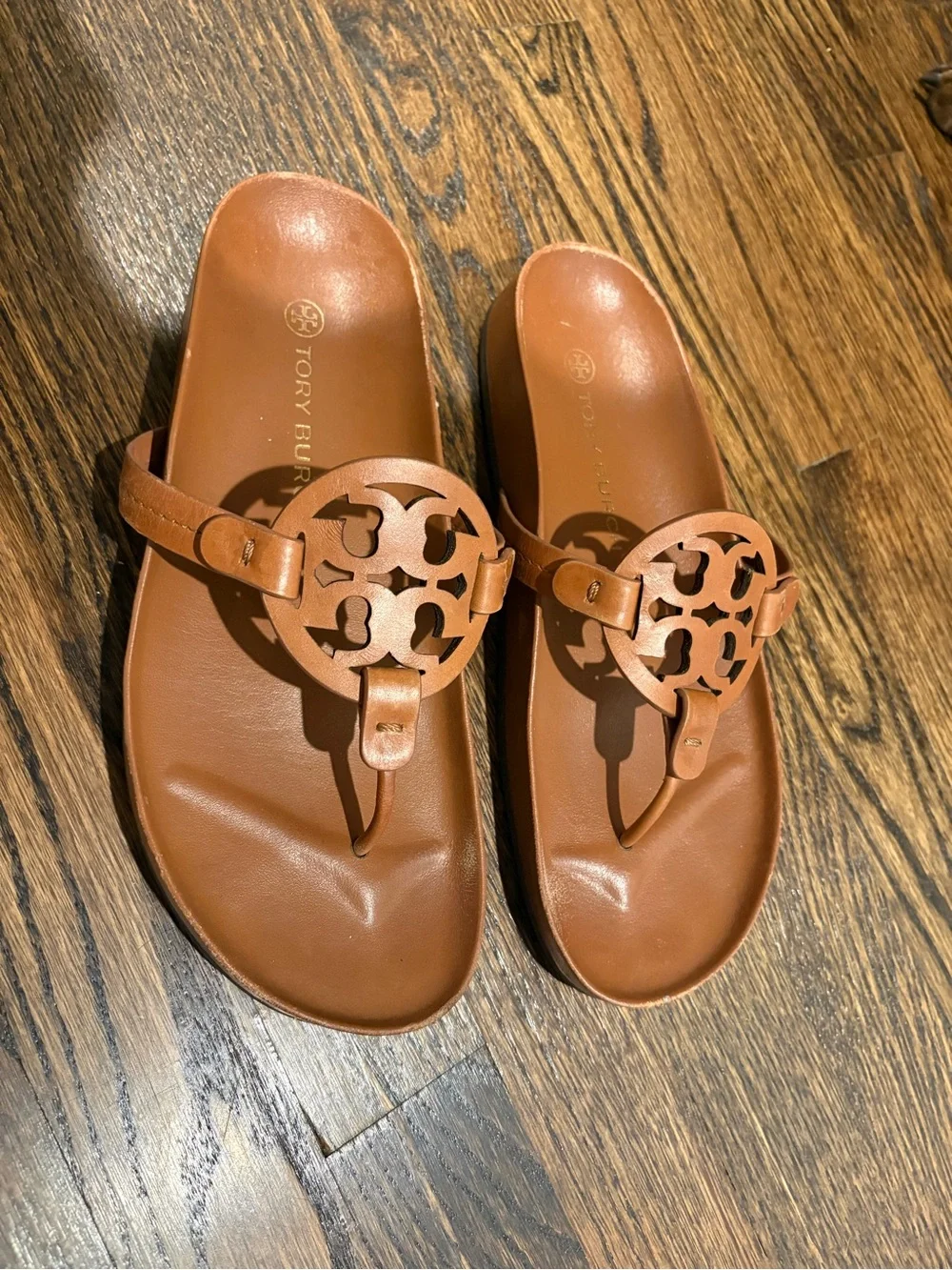 Tory Burch Tan Leather Miller Logo Thong Sandals